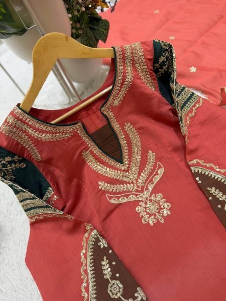 Charismatic Coral Red Mul Chanderi Embroidered Top Palazzo Dupatta Set Ready To Wear Collection