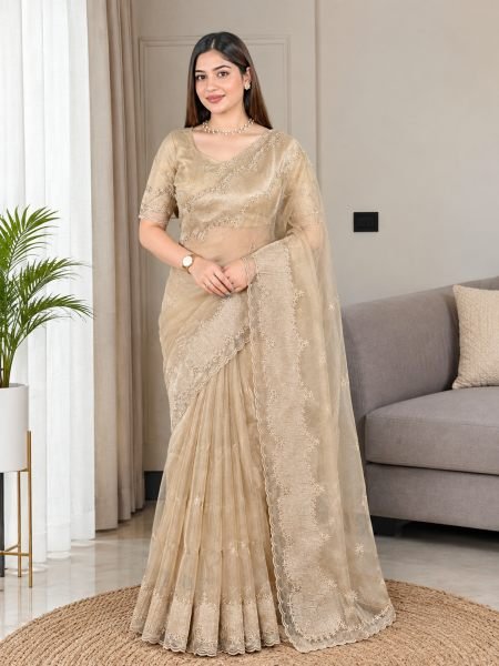 Charismatic Cream Violin Silk Saree with Thread and Coding Zari Embroidery For Wedding 