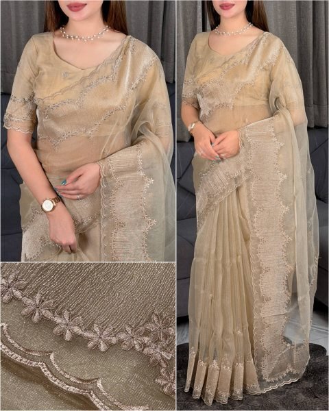 Charismatic Cream Violin Silk Saree with Thread and Coding Zari Embroidery For Wedding Silk Sarees Wholesale