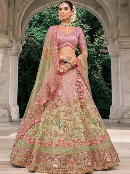 Charismatic Green And Pink Silk Lehenga with Sequence Work for Bridal Functions  Lehenga