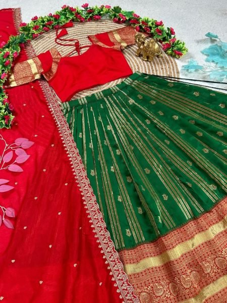 Charismatic Green Kanchipuram Silk Lehenga with Contrast Red Blouse And Dupatta Half Saree Lehenga