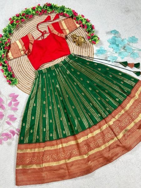 Charismatic Green Kanchipuram Silk Lehenga with Contrast Red Blouse And Dupatta Half Saree Lehenga
