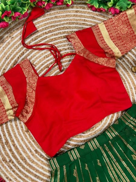 Charismatic Green Kanchipuram Silk Lehenga with Contrast Red Blouse And Dupatta Half Saree Lehenga