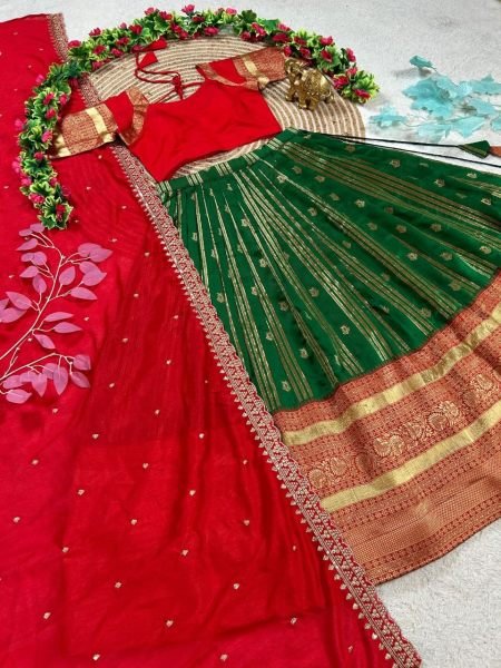 Charismatic Green Kanchipuram Silk Lehenga with Contrast Red Blouse And Dupatta Half Saree Lehenga