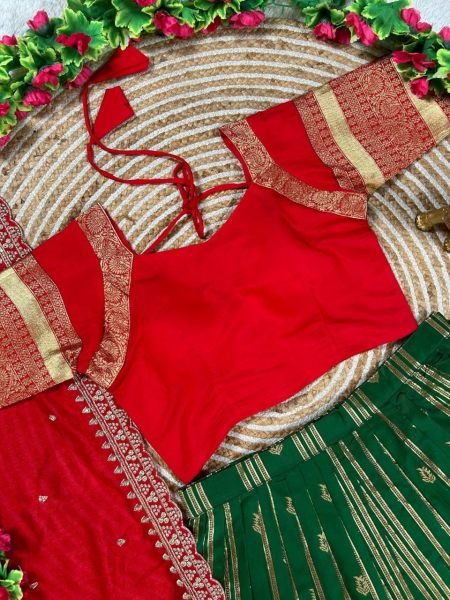 Charismatic Green Kanchipuram Silk Lehenga with Contrast Red Blouse And Dupatta Half Saree Lehenga