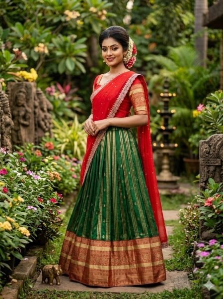 Charismatic Green Kanchipuram Silk Lehenga with Contrast Red Blouse And Dupatta Half Saree Lehenga
