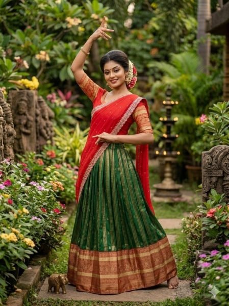 Charismatic Green Kanchipuram Silk Lehenga with Contrast Red Blouse And Dupatta Half Saree Lehenga