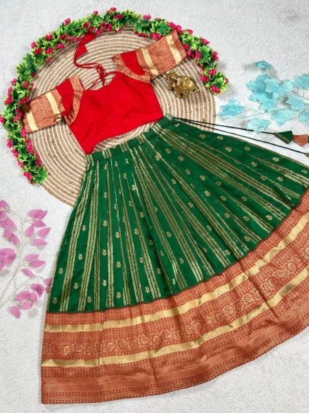 Charismatic Green Kanchipuram Silk Lehenga with Contrast Red Blouse And Dupatta Half Saree Lehenga