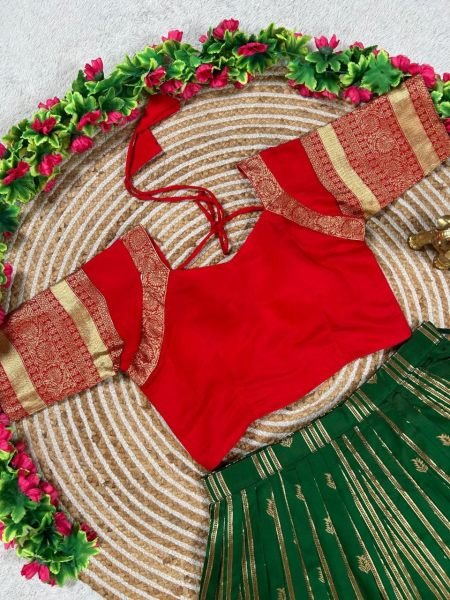 Charismatic Green Kanchipuram Silk Lehenga with Contrast Red Blouse And Dupatta Half Saree Lehenga
