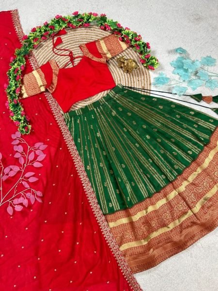 Charismatic Green Kanchipuram Silk Lehenga with Contrast Red Blouse And Dupatta Half Saree Lehenga