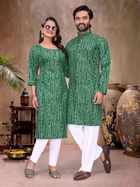 Charismatic Green Matching Couple Kurta Kurti Set with Bandhani Print Mens Wear