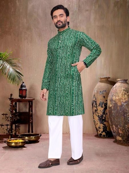 Charismatic Green Matching Couple Kurta Kurti Set with Bandhani Print Couple Combo collection 