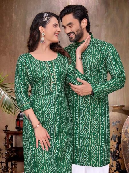 Charismatic Green Matching Couple Kurta Kurti Set with Bandhani Print Couple Combo collection 