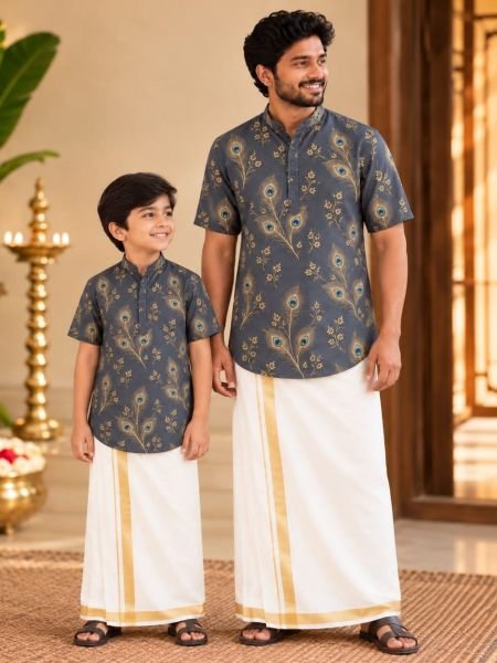 Charismatic Grey Father Son Matching Shirt Collection with Peacock Digital Print 