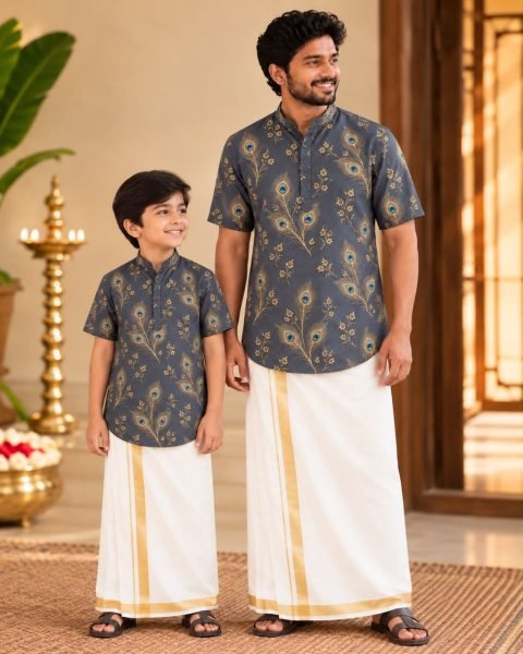 Charismatic Grey Father Son Matching Shirt Collection with Peacock Digital Print Father Son Collection 