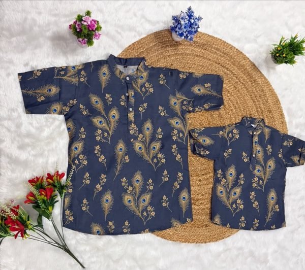 Charismatic Grey Father Son Matching Shirt Collection with Peacock Digital Print Father Son Collection 