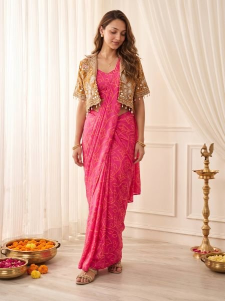 Charismatic Hot Pink Designer Chinon Silk Digital Print Saree with Real Mirror Work Koti 
