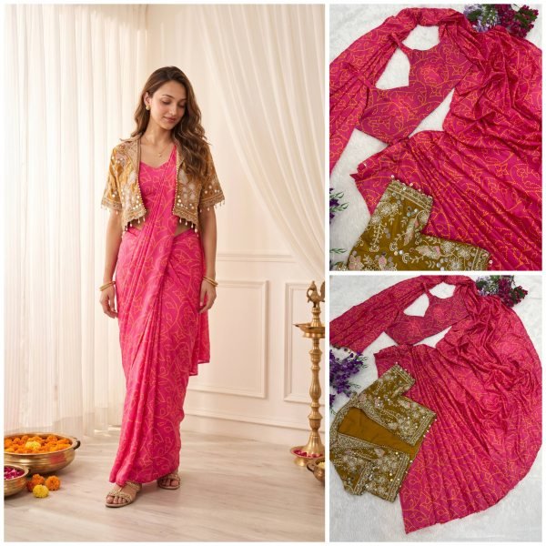 Charismatic Hot Pink Designer Chinon Silk Digital Print Saree with Real Mirror Work Koti Ready To Wear Saree 