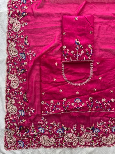 Charismatic Hot Pink Designer Soft Silk Saree with Mono Banglory Embroidered Blouse Silk Sarees Wholesale