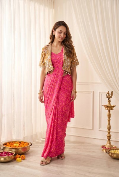 Charismatic Hot Pink Designer Chinon Silk Digital Print Saree with Real Mirror Work Koti Ready To Wear Saree 