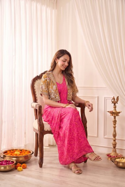 Charismatic Hot Pink Designer Chinon Silk Digital Print Saree with Real Mirror Work Koti Ready To Wear Saree 