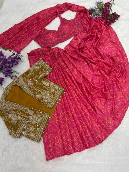 Charismatic Hot Pink Designer Chinon Silk Digital Print Saree with Real Mirror Work Koti Ready To Wear Saree 