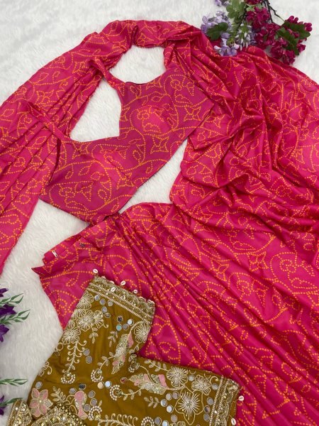 Charismatic Hot Pink Designer Chinon Silk Digital Print Saree with Real Mirror Work Koti Ready To Wear Saree 