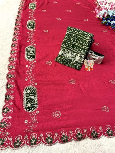 Charismatic Hot Pink Wedding Wear Chinon Saree with Zari Embroidery For Party 