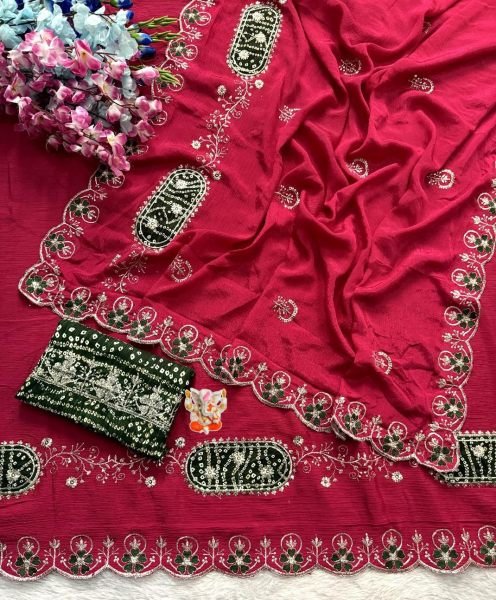Charismatic Hot Pink Wedding Wear Chinon Saree with Zari Embroidery For Party Embroidery Sarees Wholesale