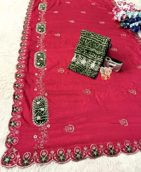 Charismatic Hot Pink Wedding Wear Chinon Saree with Zari Embroidery For Party Embroidery Sarees Wholesale