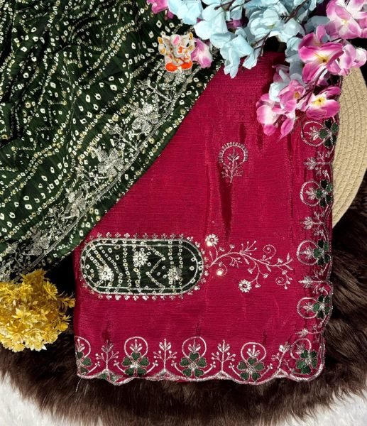 Charismatic Hot Pink Wedding Wear Chinon Saree with Zari Embroidery For Party Embroidery Sarees Wholesale