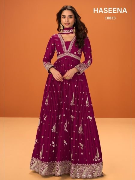 Charismatic Magenta Purple Designer Chinnon Top with Matching Dupatta For Wedding 