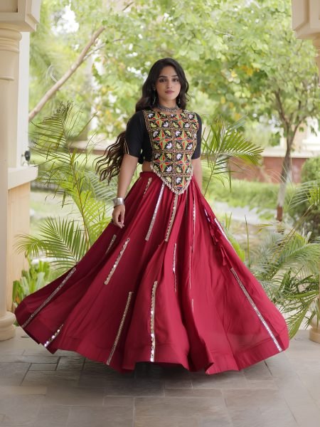 Charismatic Maroon Designer Rayon Navratri Lehenga with Real Mirror and Gota Patti Work 