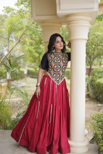 Charismatic Maroon Designer Rayon Navratri Lehenga with Real Mirror and Gota Patti Work Navratri Lehnega Choli