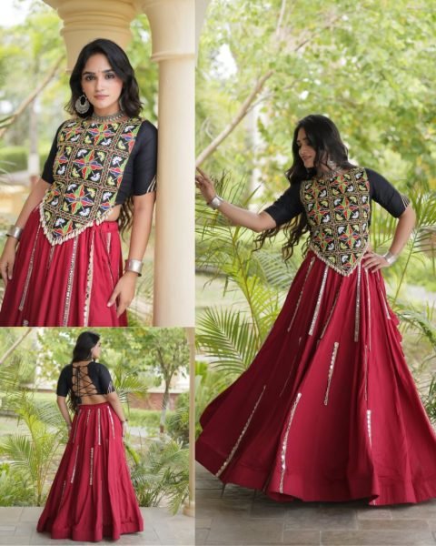 Charismatic Maroon Designer Rayon Navratri Lehenga with Real Mirror and Gota Patti Work Navratri Lehnega Choli