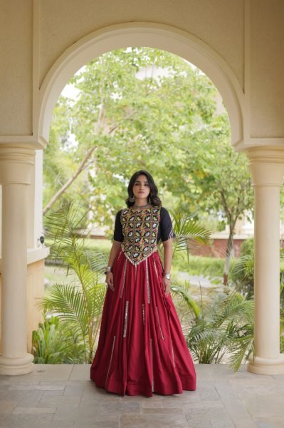 Charismatic Maroon Designer Rayon Navratri Lehenga with Real Mirror and Gota Patti Work Navratri Lehnega Choli
