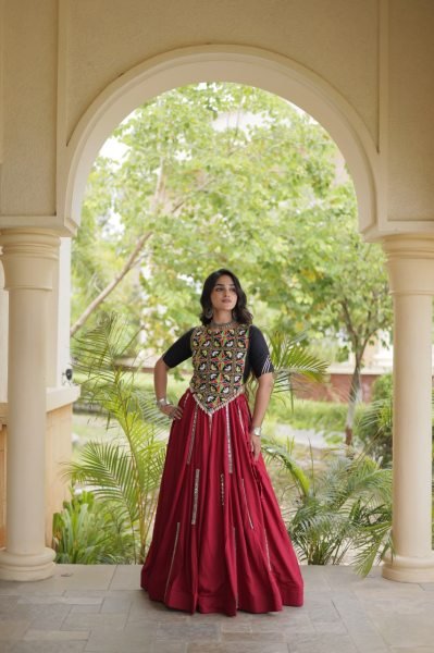 Charismatic Maroon Designer Rayon Navratri Lehenga with Real Mirror and Gota Patti Work Navratri Lehnega Choli