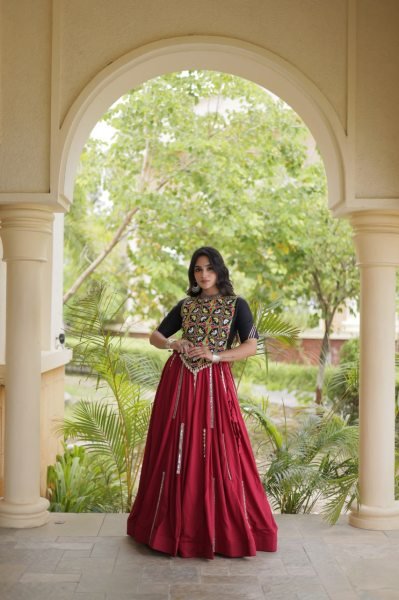 Charismatic Maroon Designer Rayon Navratri Lehenga with Real Mirror and Gota Patti Work Navratri Lehnega Choli