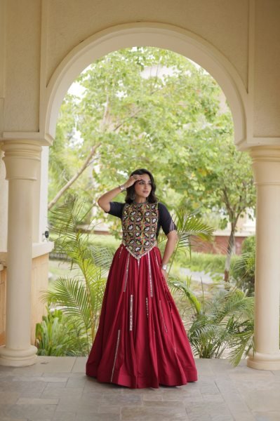 Charismatic Maroon Designer Rayon Navratri Lehenga with Real Mirror and Gota Patti Work Navratri Lehnega Choli