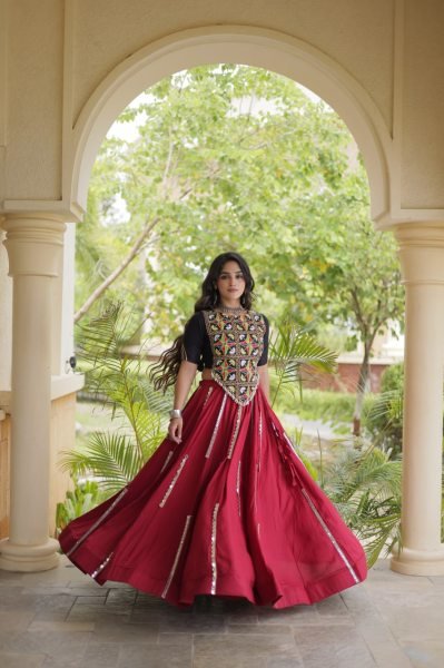 Charismatic Maroon Designer Rayon Navratri Lehenga with Real Mirror and Gota Patti Work Navratri Lehnega Choli