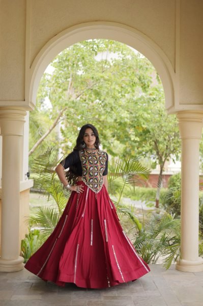 Charismatic Maroon Designer Rayon Navratri Lehenga with Real Mirror and Gota Patti Work Navratri Lehnega Choli