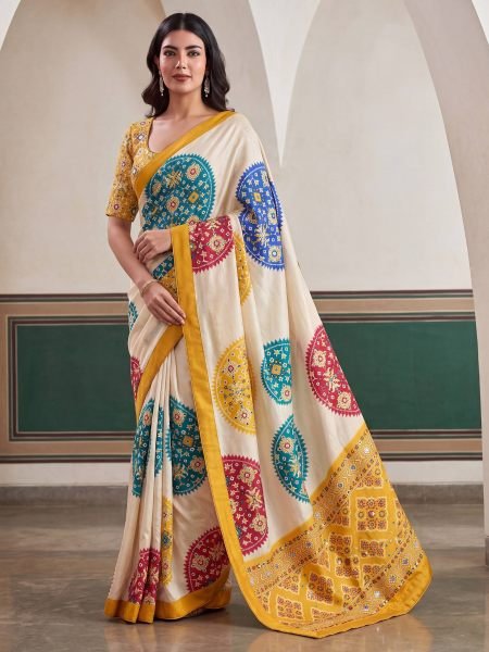 Charismatic OffWhite Crepe Silk Saree with Digital Patola Print and Real Mirror Work Sarees 