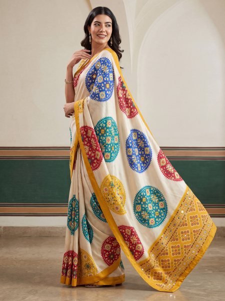 Charismatic OffWhite Crepe Silk Saree with Digital Patola Print and Real Mirror Work Silk Sarees Wholesale
