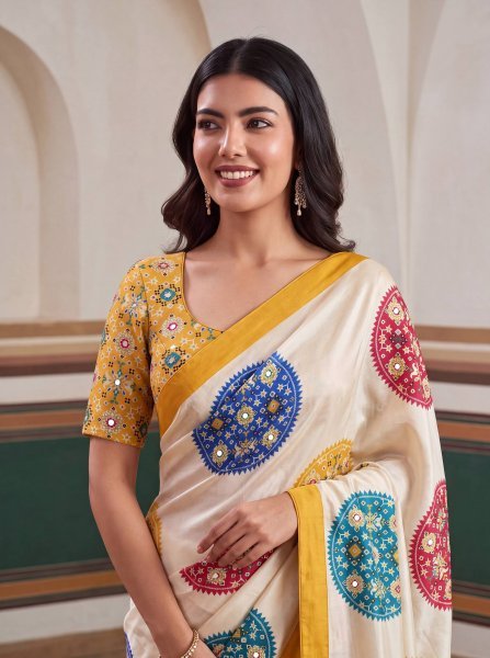 Charismatic OffWhite Crepe Silk Saree with Digital Patola Print and Real Mirror Work Silk Sarees Wholesale