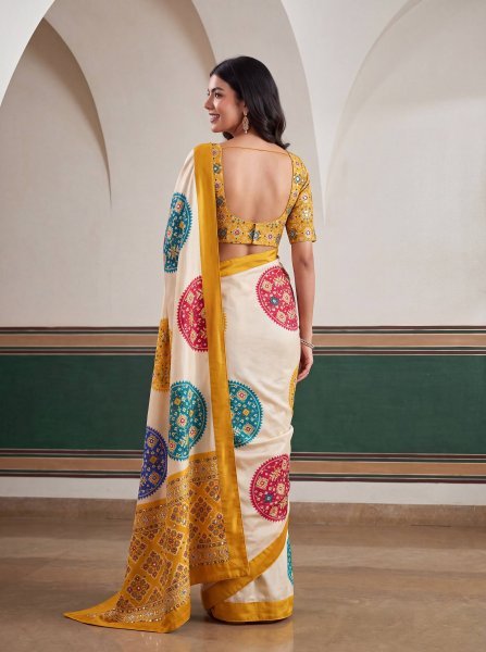 Charismatic OffWhite Crepe Silk Saree with Digital Patola Print and Real Mirror Work Silk Sarees Wholesale