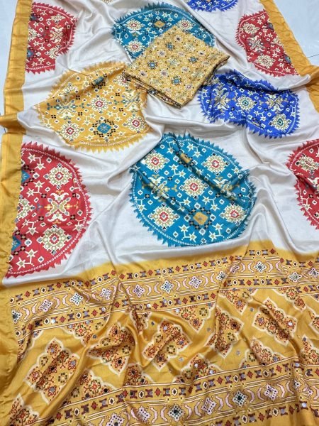 Charismatic OffWhite Crepe Silk Saree with Digital Patola Print and Real Mirror Work Silk Sarees Wholesale