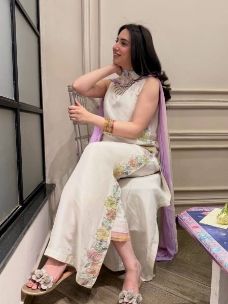 Charismatic OffWhite Kaftan with Neck Cutwork and Rainbow Sequin Embroidery Ready To Wear Suit