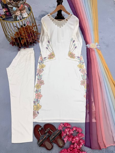 Charismatic OffWhite Kaftan with Neck Cutwork and Rainbow Sequin Embroidery Ready To Wear Collection