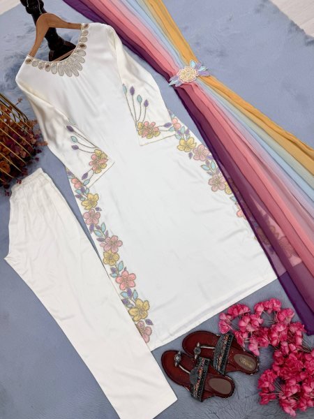 Charismatic OffWhite Kaftan with Neck Cutwork and Rainbow Sequin Embroidery Ready To Wear Collection