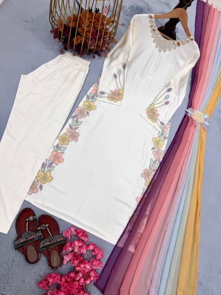 Charismatic OffWhite Kaftan with Neck Cutwork and Rainbow Sequin Embroidery Ready To Wear Collection